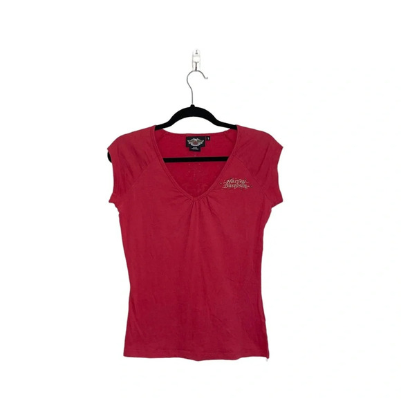 Harley Davidson 100% Cotton Red Fitted Ruched V-neck Graphic Tee Small Women’s - Picture 1 of 12